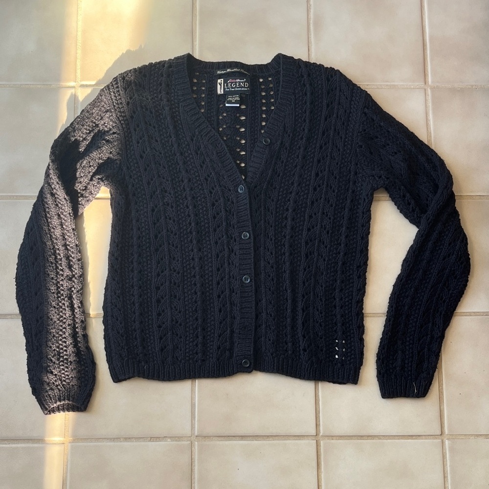 Vintage Eddie Bauer 100% Cotton Women's Black Handknit Cable Knit Cardigan